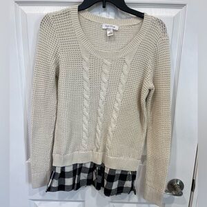 Maternity Cream Cable Knit Sweater with Black Plaid Hem
